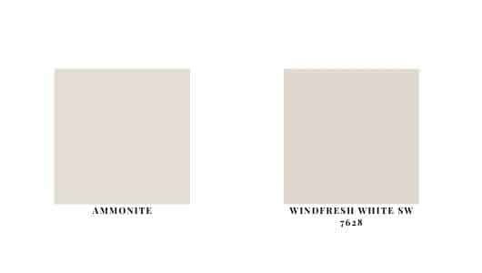 color swatch comparison of farrow and balls top color: ammonite and sherwin williams windresh