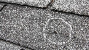close up image of hail damage on an asphalt roof circled with chalk