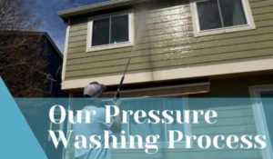 Pressure Washer spraying the backside of two story green home to prepare it for paint with a title card reading: Our Pressure Washing Process