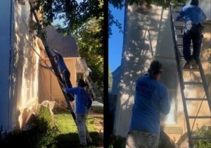 kind home solutions painters painting a stucco home with one painter back-rolling