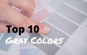 image of a hand pointing to different grays on a color swatch with title reading: Top 10 Gray Colors