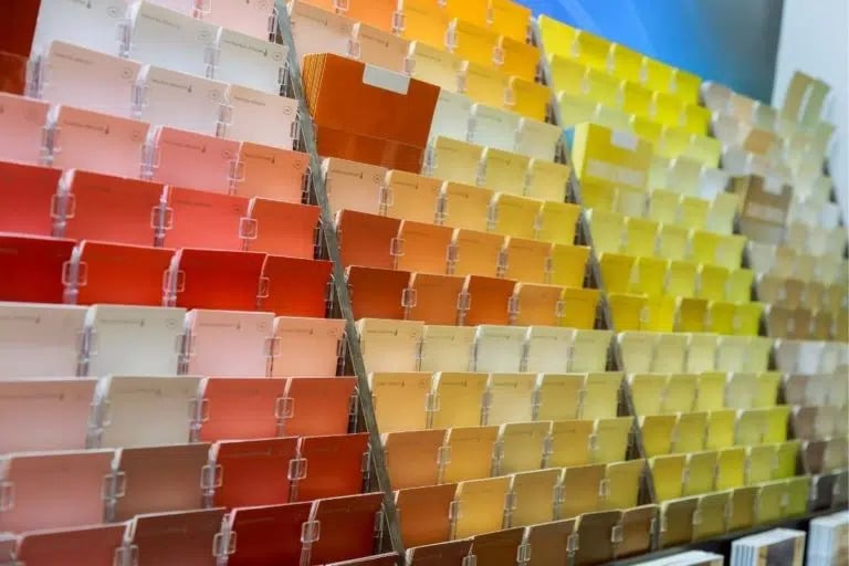 a rack of color samples