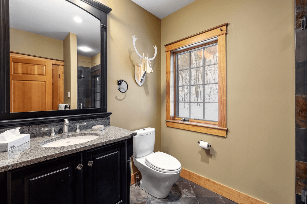The bathroom of a contemporary rustic home