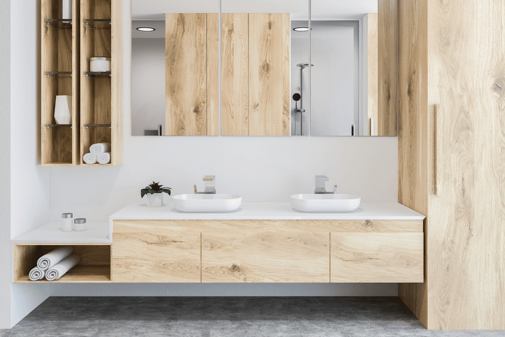 White and wooden wall bathroom interior