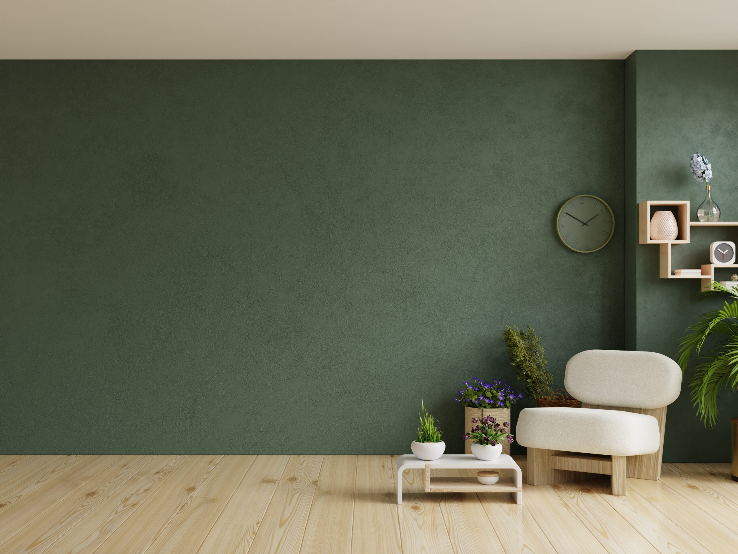 Style loft interior with gray armchair on empty dark green wall background
